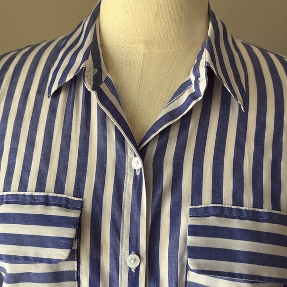 Express women’s blue and White Striped Button-Up Shirt 2 pockets tab sleeves S - Picture 2 of 14